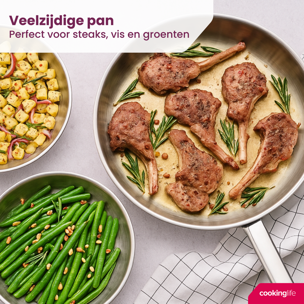Cookinglife Koekenpannenset Superior Triply RVS 3-delig - ø 20, 24 & 28 cm - geschikt voor alle warmtebronnen - zonder anti-aanbaklaag