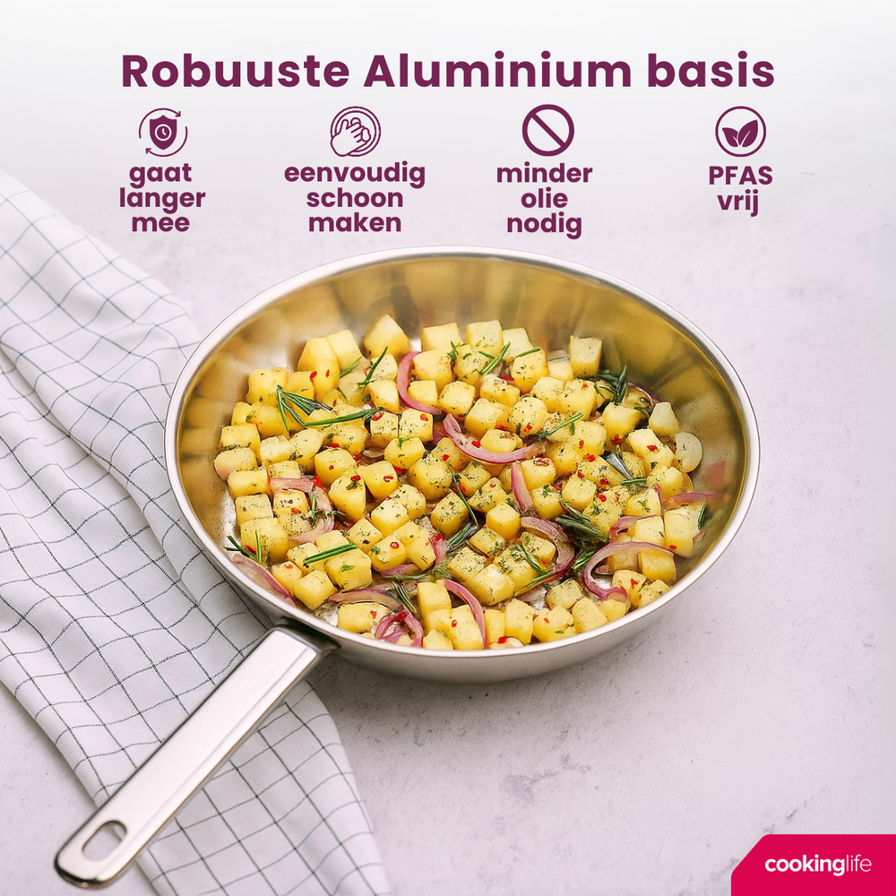 Cookinglife Stegepande Superior Triply RVS ø 24 cm - egnet til alle varmekilder - uden non-stick belægning