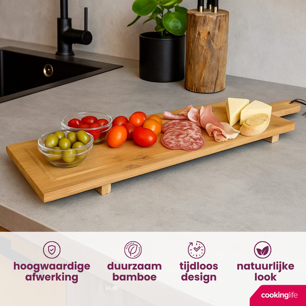Cookinglife Serveerplank / Tapasplank på ben - XL - Bamboe - 88 x 26 cm