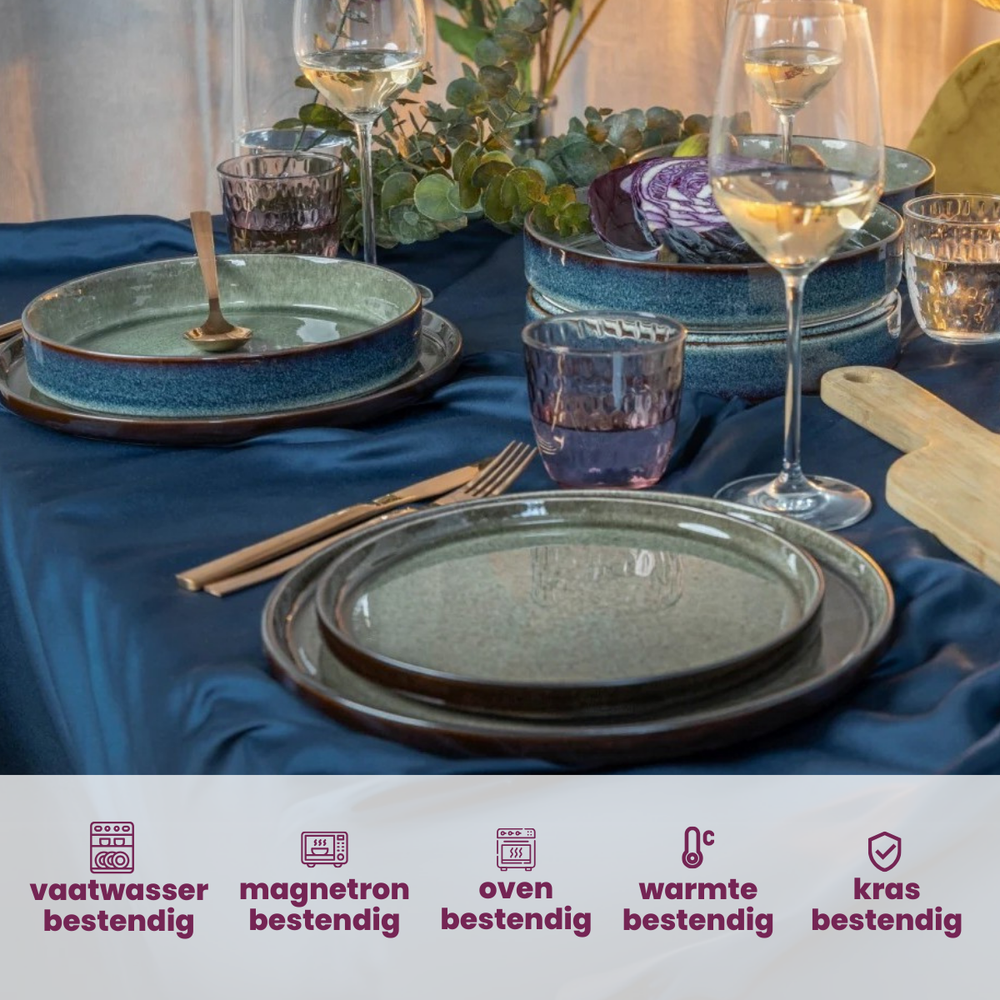 Cosy & Trendy Serviesset Quintana Green 18-delig / 6 personer - 6 dinerborde, 6 dybe bunde og 6 morgenbunde
