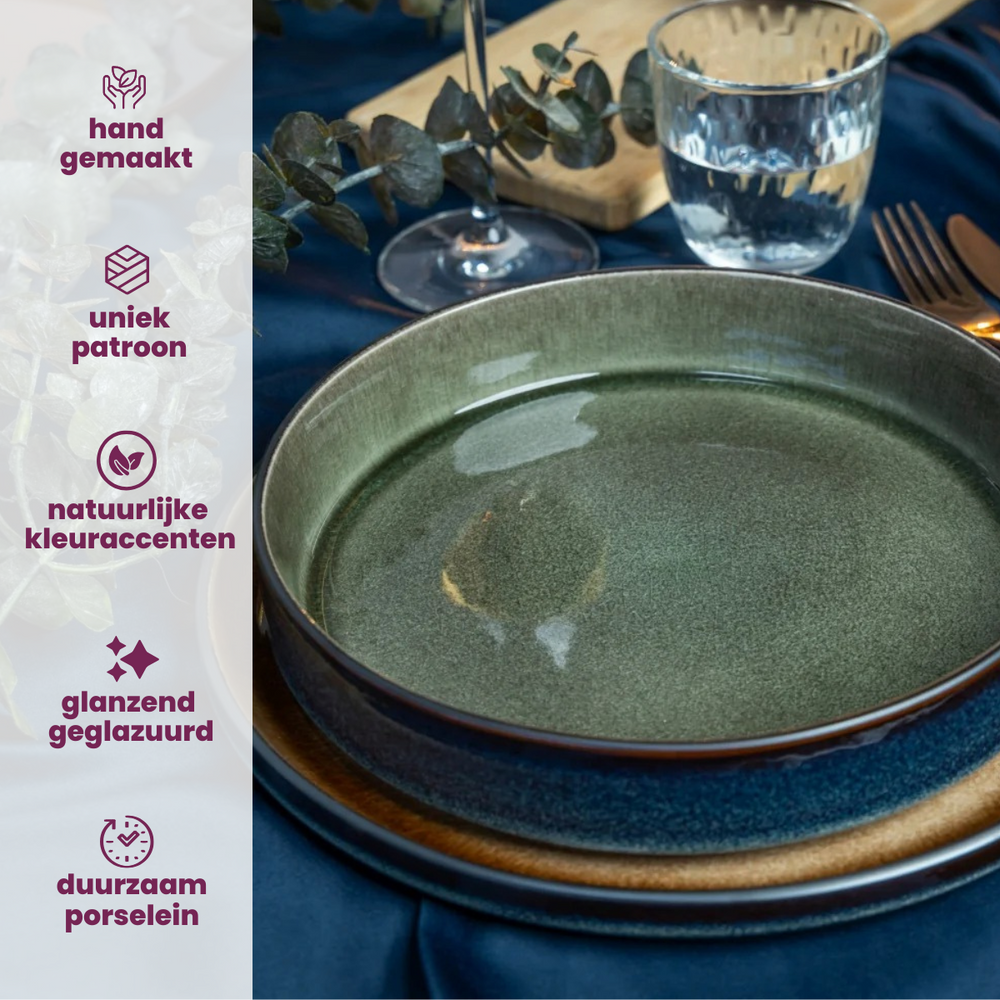 Cosy & Trendy Serviesset Quintana Green 18-delig / 6 personer - 6 dinerborde, 6 dybe bunde og 6 morgenbunde