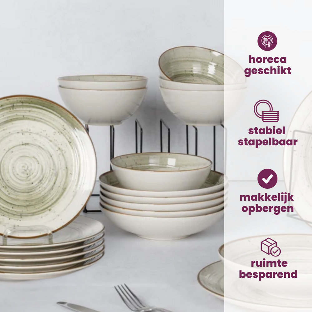 Cosy & Trendy Serviesset Sintra Ivy Green 16-delig / 4 personer - 4 dinerborden, 4 ontbijtborden, 4 diepe borden og 4 skåle
