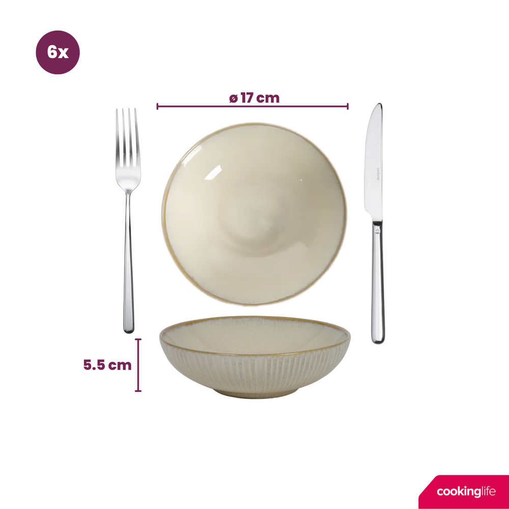 Cookinglife Serviesset Coastal Lines Ocean Beige 18-delig / 6 personer - 6 middagstallerkener, 6 morgenmadstallerkener og 6 dybe tallerkener