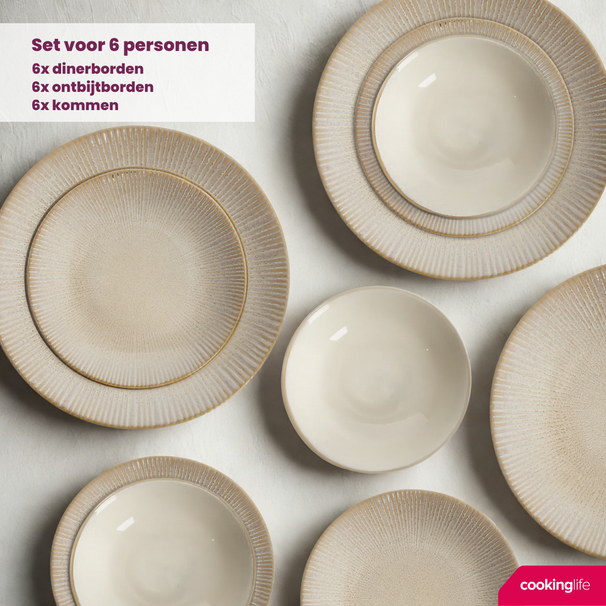 Cookinglife Serviesset Coastal Lines Ocean Beige 18-delig / 6 personer - 6 middagstallerkener, 6 morgenmadstallerkener og 6 dybe tallerkener