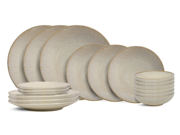 Cookinglife Serviesset Coastal Lines Ocean Beige 18-delig / 6 personer - 6 middagstallerkener, 6 morgenmadstallerkener og 6 dybe tallerkener