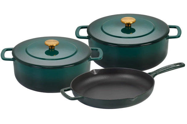 Combekk pandesæt Støbejern Holly Green 3-delt - Stegegryde ø 24, 28 cm & Stegepande ø 26 cm