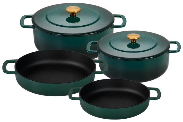 Combekk Pandesæt Støbejern Holly Green 4-delt - Stegegryde ø 24, 28 cm & Gryde ø 24, 28 cm