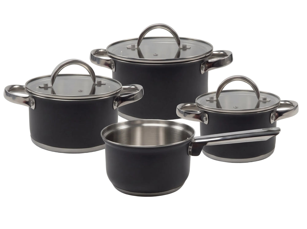 Cooking Pandesæt Sort 4-delt Rustfrit Stål - Kogepande ø 16, 18, 20 cm & Stegepande ø 16 cm - egnet til alle varmekilder