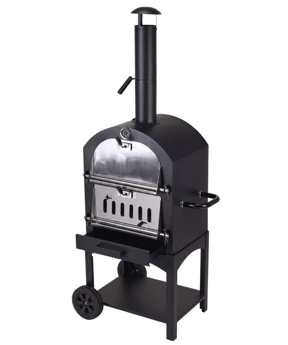 Cookinglife Houtskool BBQ Pizzaovn Fire & Flavour - 156 cm høj - Inkluderer Pizzasten & Grillriste - Sort