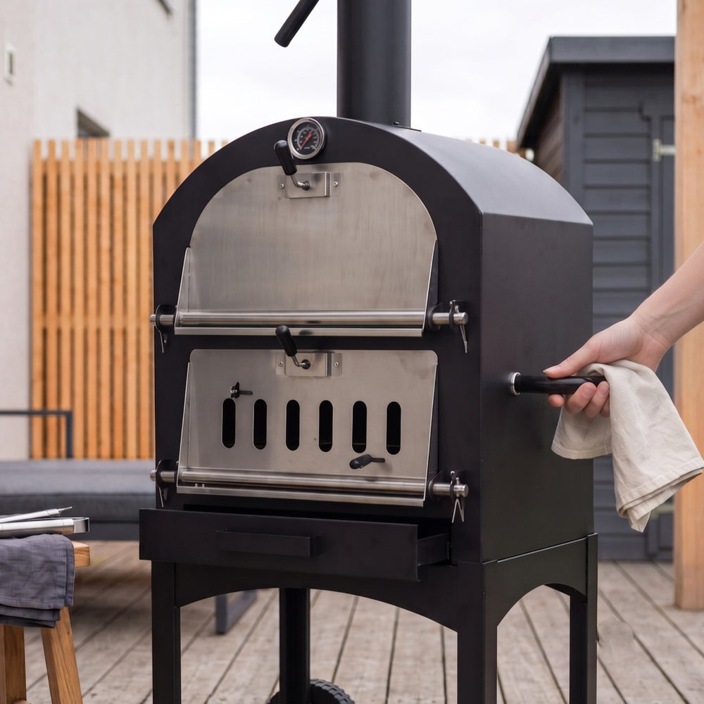 Cookinglife Houtskool BBQ Pizzaovn Fire & Flavour - 156 cm høj - Inkluderer Pizzasten & Grillriste - Sort