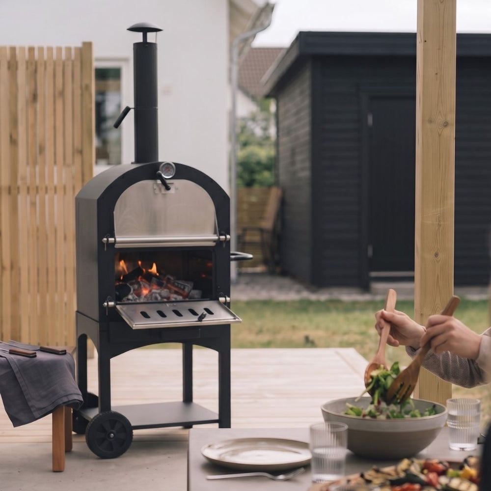 Cookinglife Houtskool BBQ Pizzaovn Fire & Flavour - 156 cm høj - Inkluderer Pizzasten & Grillriste - Sort