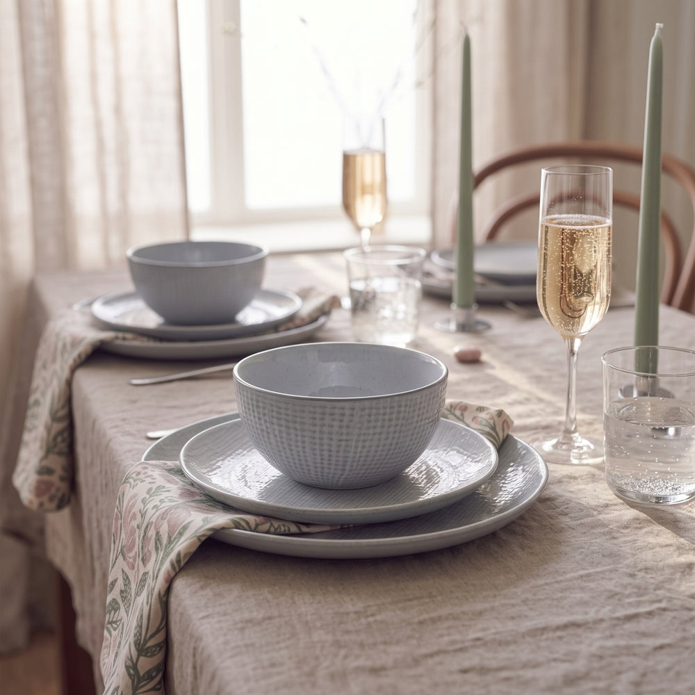 Cookinglife Servicesæt Linen Grå 18-delt / 6 personer - 6 middagstallerkener, 6 morgenmadstallerkener og 6 skåle