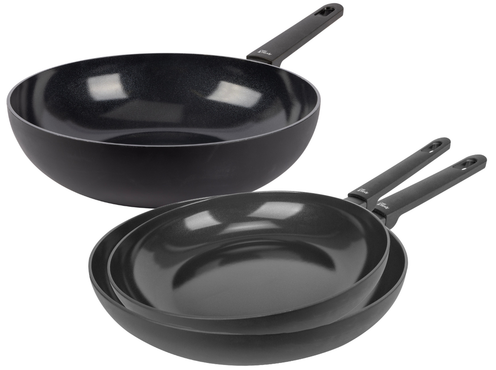 Cookinglife Pannenset Black Cera 3-delig - Wokpan ø 28 cm + Koekenpan ø 24 & 28 cm - geschikt voor alle warmtebronnen - keramische anti-aanbaklaag