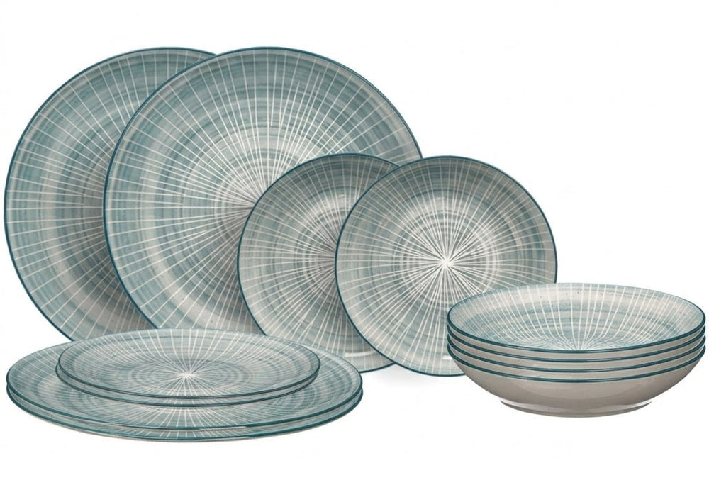 Cookinglife Serviesset Cala Blauw 12-delig / 4 personer - 4 middagstallerkener, 4 morgenmadstallerkener og 4 dybe tallerkener