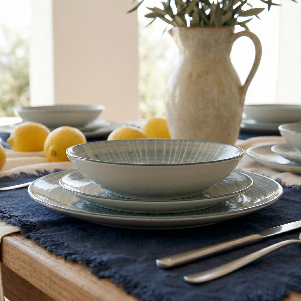 Cookinglife Serviesset Cala Blauw 12-delig / 4 personer - 4 middagstallerkener, 4 morgenmadstallerkener og 4 dybe tallerkener