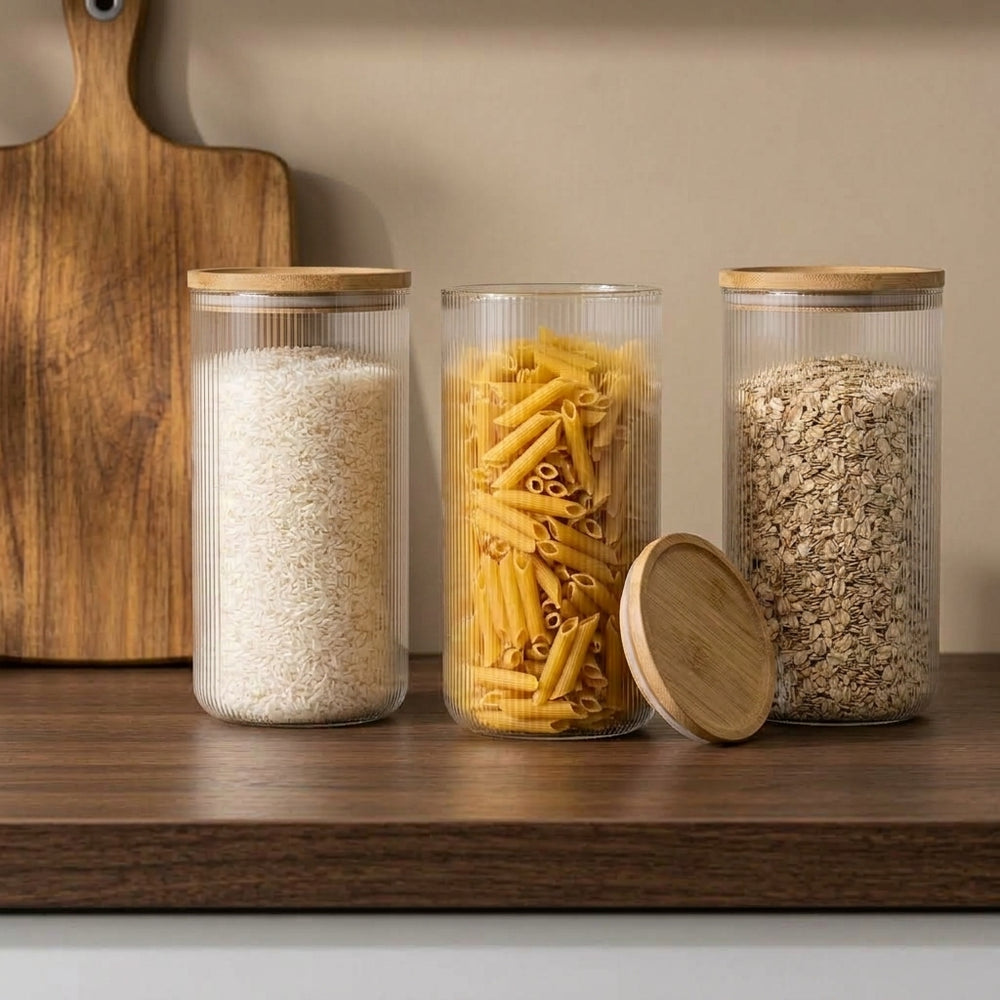 Cookinglife Opbevaringskrukker sæt Lines - Glas med Bambuslåg - ø 11 cm - 1750 ml - 3 stk