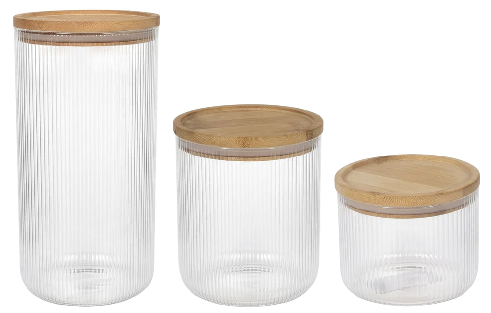 Cookinglife Opbevaringskrukker sæt Lines - Glas med Bambuslåg - 600 ml / 980 ml / 1750 ml - 3 stk.