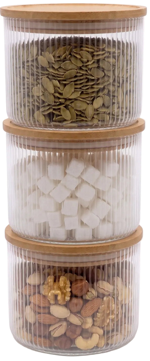 Cookinglife Opbevaringskrukker sæt Lines - Glas med Bambuslåg - ø 11 cm - 600 ml - 3 stk.