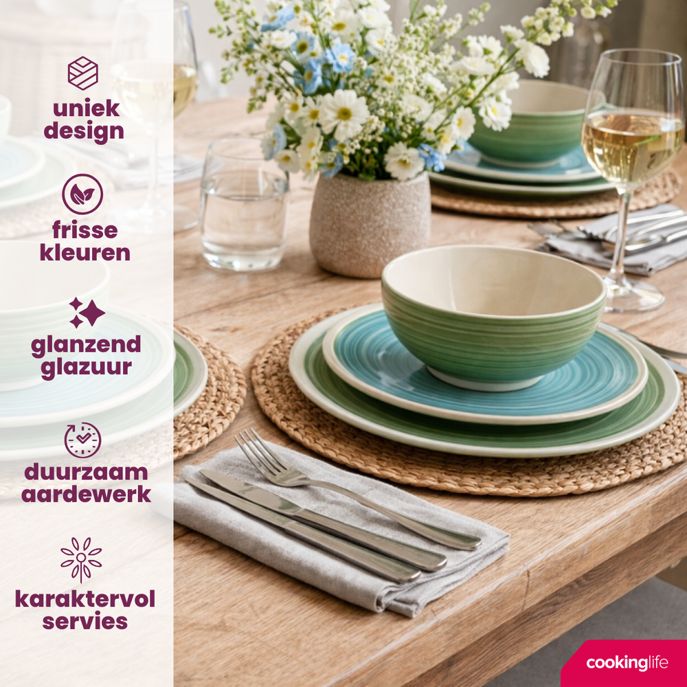 Cookinglife Serviesset Oceanico Turquoise 24-delig / 8 Personen - 8 dinerborden, 8 ontbijtborden og 8 skåle