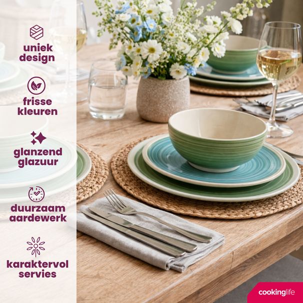 Cookinglife Serviesset Oceanico Turquoise 24-delig / 8 Personen - 8 dinerborden, 8 ontbijtborden og 8 skåle