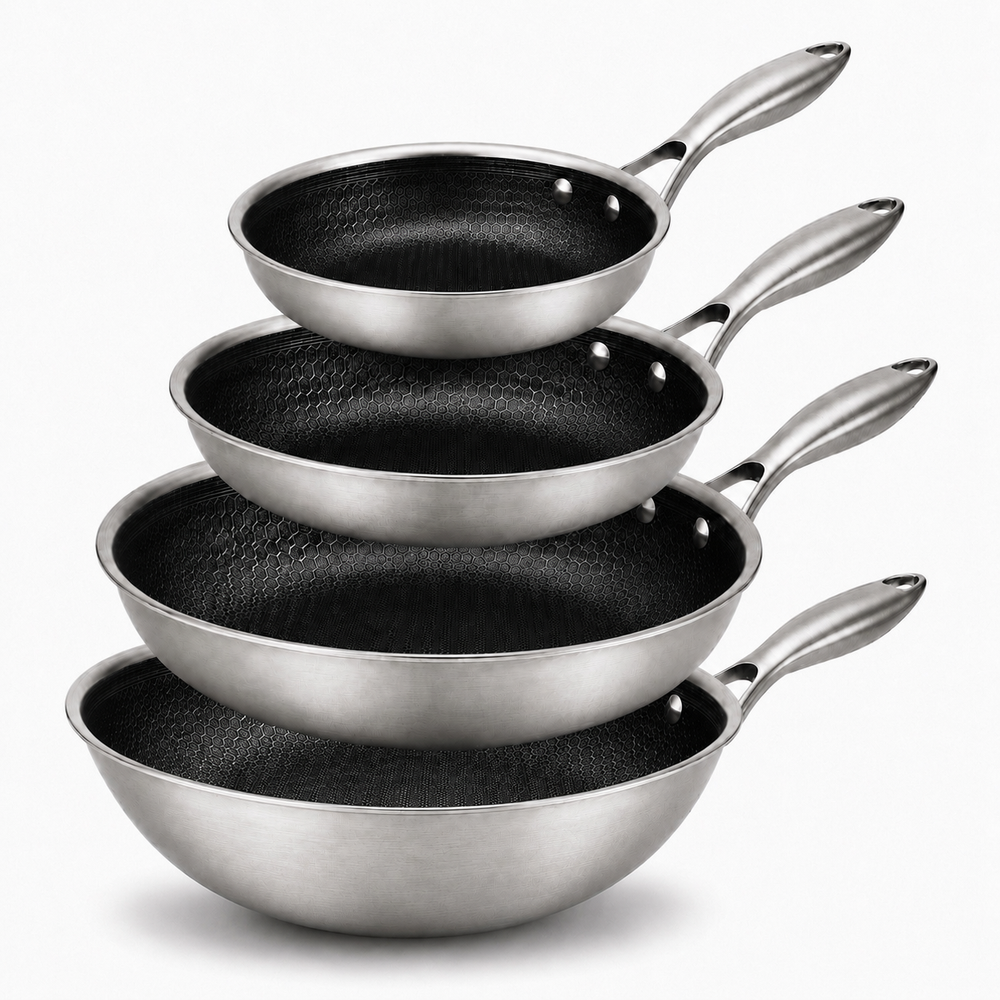 Cookinglife Pandesæt HexaCook Hybride Pande 4-delt - Wok ø 28 cm + Stegepande ø 20, 24 & 28 cm - NON STICK - egnet til alle varmekilder - keramisk non-stick belægning