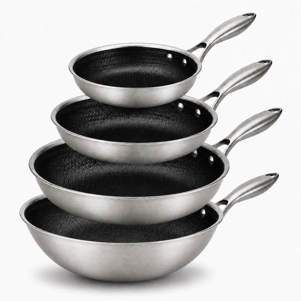 Cookinglife Pandesæt HexaCook Hybride Pande 4-delt - Wok ø 28 cm + Stegepande ø 20, 24 & 28 cm - NON STICK - egnet til alle varmekilder - keramisk non-stick belægning