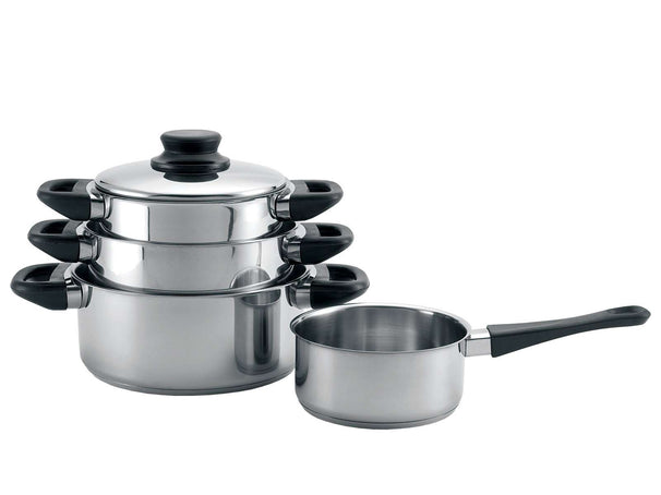 Cookinglife Pannenset RVS / Zwart 4-Delig - Kookpan ø 16, 18 , 20 cm & Steelpan ø 16 cm- Egnet til alle varmekilder