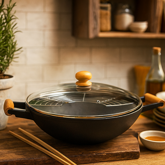 Cookinglife Wokpande med låg & køkkenredskaber ø 36 cm / 6.5 Liter - standard non-stick belægning