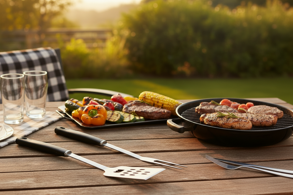 Cookinglife BBQ værktøjssæt Fire & Flavour Sort 3-Delt - RVS - BBQ Spatel, Tang & Gaffel