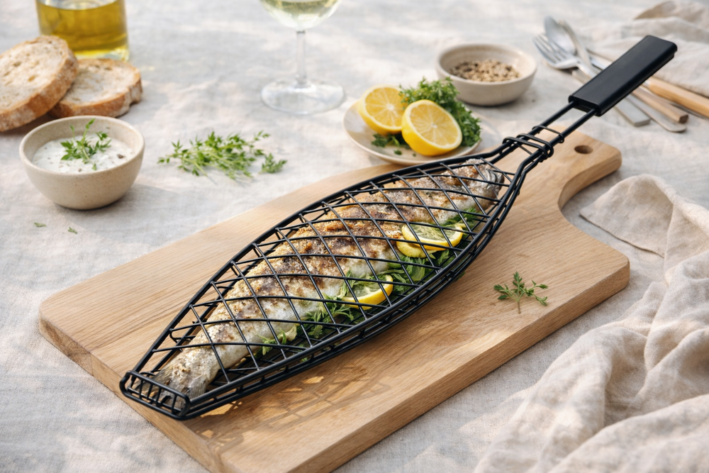 Cookinglife BBQ Fisk Grill Fire & Flavour - Non-Stick Metal - Grillning af Fisk og Grøntsager