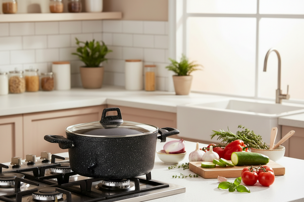 Cookinglife Kogepande med låg - Black Speckle - Aluminium Ø 22 cm / 3.5 Liter - Egnet til alle varmekilder - standard non-stick belægning