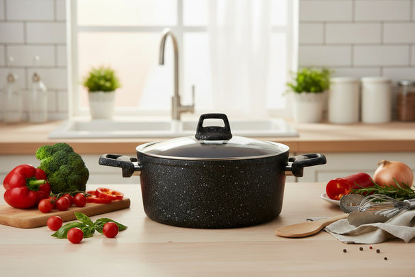 Cookinglife Kogepande med låg - Black Speckle - Aluminium Ø 24 cm / 4,4 Liter - Egnet til alle varmekilder - standard non-stick belægning