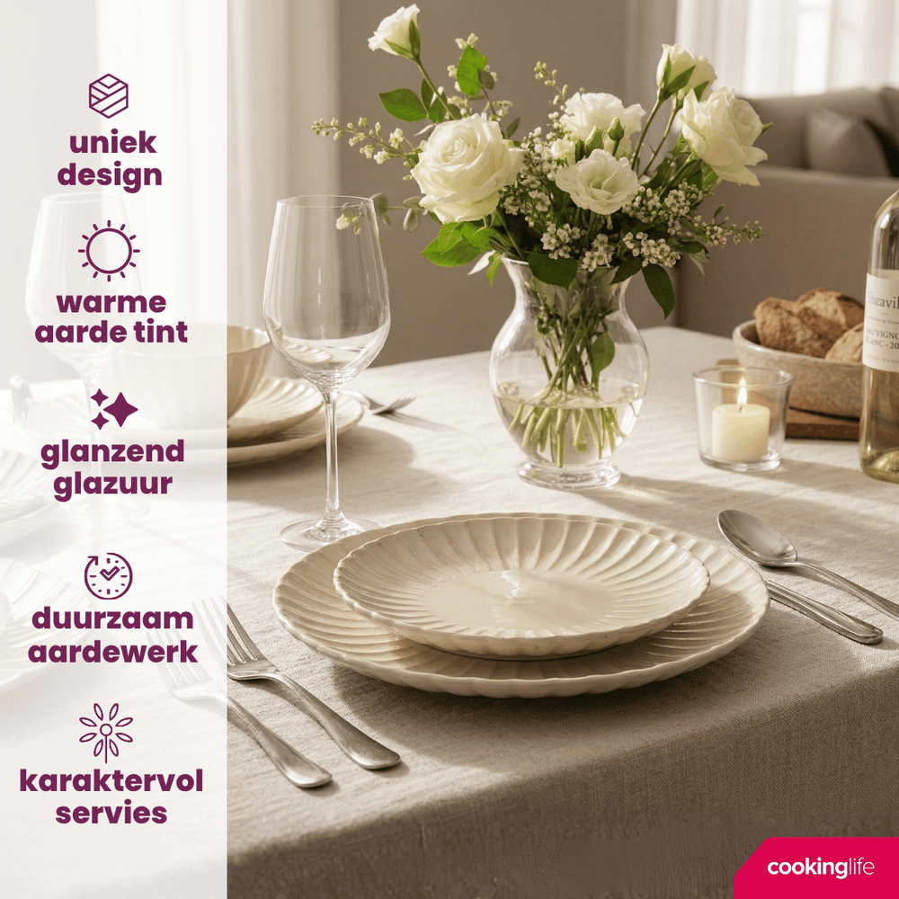 Cookinglife Serviesset Cardida Beige 18-delig / 6 personer - 6 dinerborde, 6 morgenborde og 6 skåle