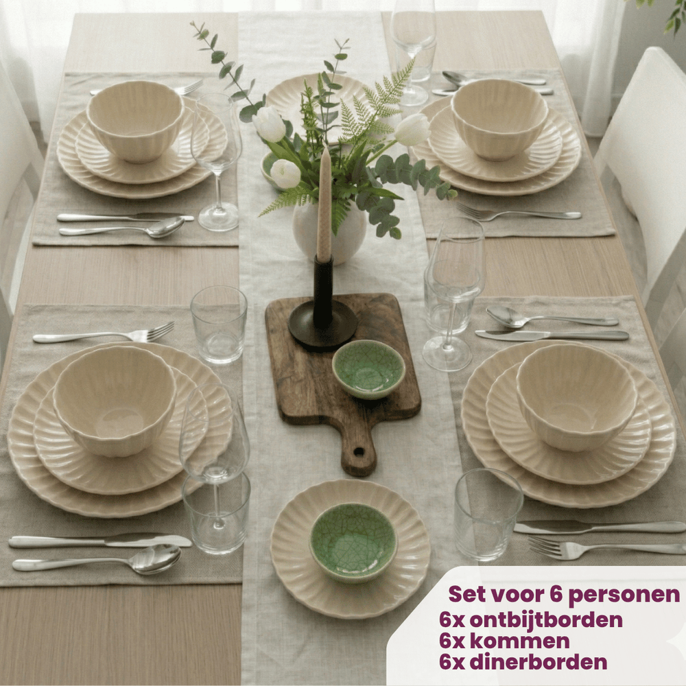 Cookinglife Serviesset Cardida Beige 18-delig / 6 personer - 6 dinerborde, 6 morgenborde og 6 skåle