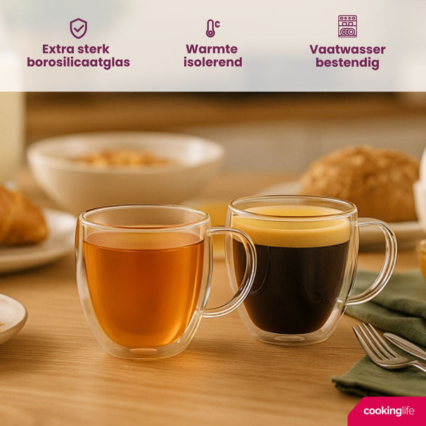 Cookinglife Dubbelvæggede Kaffe- / teglas med håndtag 280 ml - 2 stk.