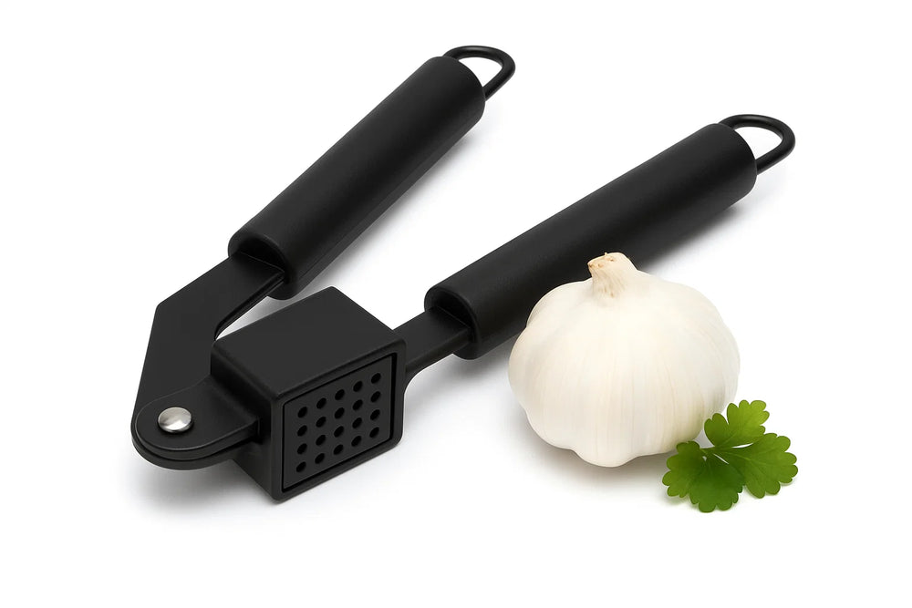 Cookinglife Knoflookpers Zwart 19 cm - Knoflookpers for frisk hvidløg - Nem at rengøre - Solidt RVS pressegedele - Komfortable plastik håndtag - Holdbar og stilfuld - 190 x 50 x 30 mm - Køkkenredskaber - Køkken tilbehør
