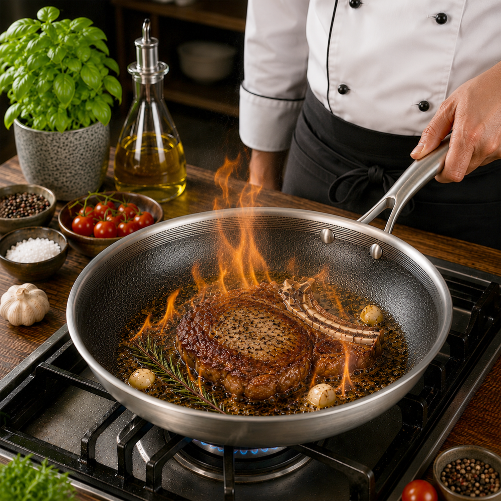 Cookinglife Pandesæt HexaCook Hybride Pande 4-delt - Wok ø 28 cm + Stegepande ø 20, 24 & 28 cm - NON STICK - egnet til alle varmekilder - keramisk non-stick belægning
