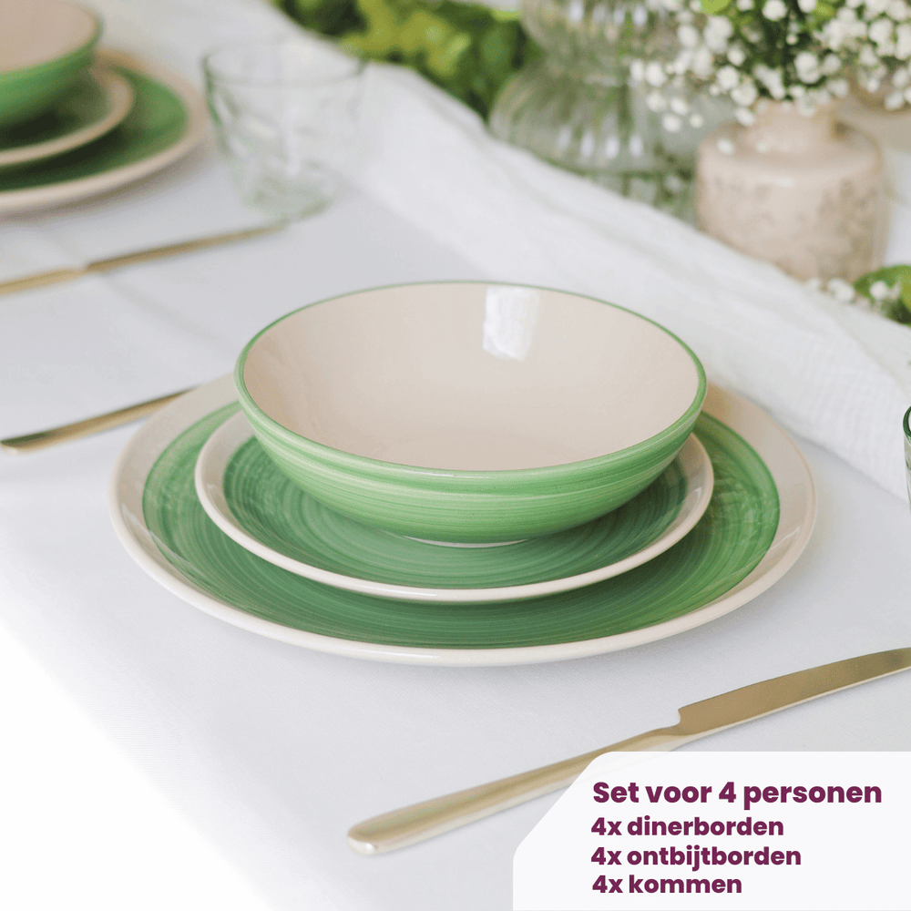 Cookinglife Serviesset Oceanico Grøn 12-delt / 4 Personer - 4 middagstallerkener, 4 morgenmadstallerkener og 4 skåle
