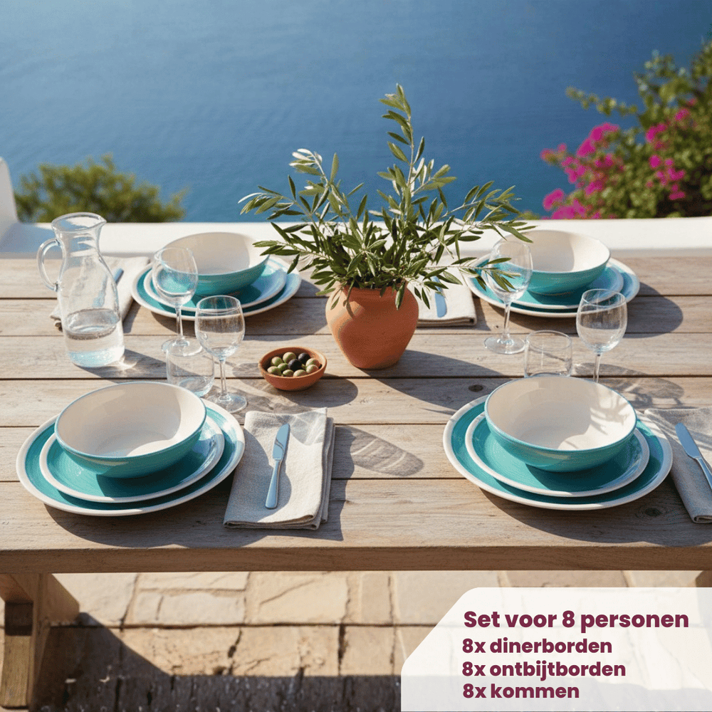 Cookinglife Serviesset Oceanico Turquoise 24-delig / 8 Personen - 8 dinerborden, 8 ontbijtborden og 8 skåle