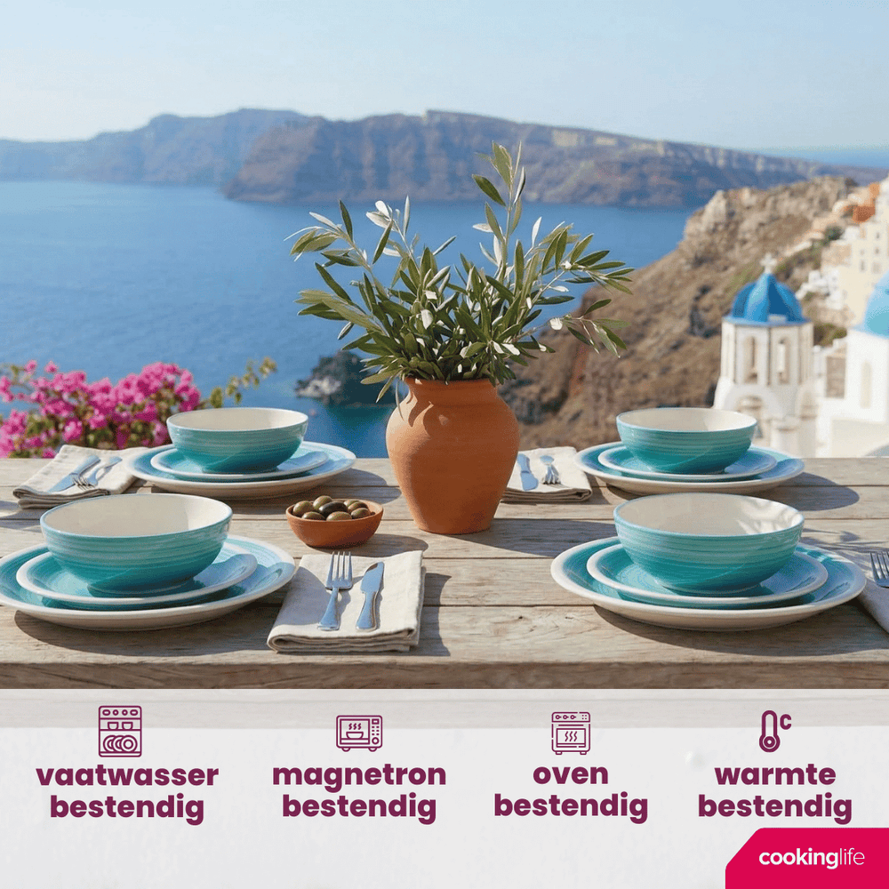Cookinglife Serviesset Oceanico Turquoise 24-delig / 8 Personen - 8 dinerborden, 8 ontbijtborden og 8 skåle