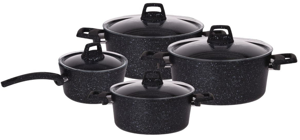 Cookinglife Pannenset Black Speckle 4-Delig Aluminium - Kookpan ø 20, 22, 24 cm & Steelpan ø 18 cm - Geschikt voor alle warmtebronnen - standard anti-aanbaklaag