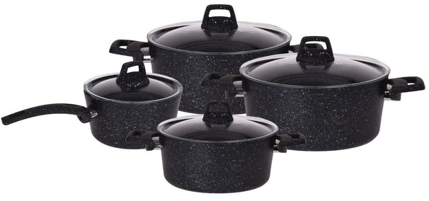 Cookinglife Pannenset Black Speckle 4-Delig Aluminium - Kookpan ø 20, 22, 24 cm & Steelpan ø 18 cm - Geschikt voor alle warmtebronnen - standard anti-aanbaklaag