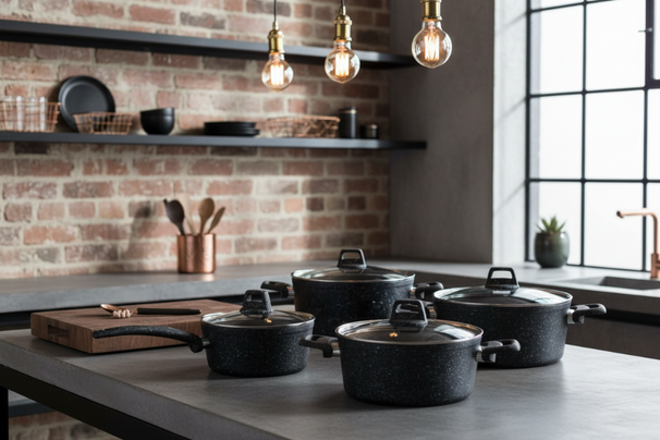 Cookinglife Pannenset Black Speckle 4-Delig Aluminium - Kookpan ø 20, 22, 24 cm & Steelpan ø 18 cm - Geschikt voor alle warmtebronnen - standard anti-aanbaklaag