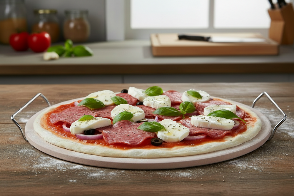 Cookinglife Pizzasten med holder Fire & Flavour ø 33 cm - Varmebestandig Sten - BBQ og Ovn Brug