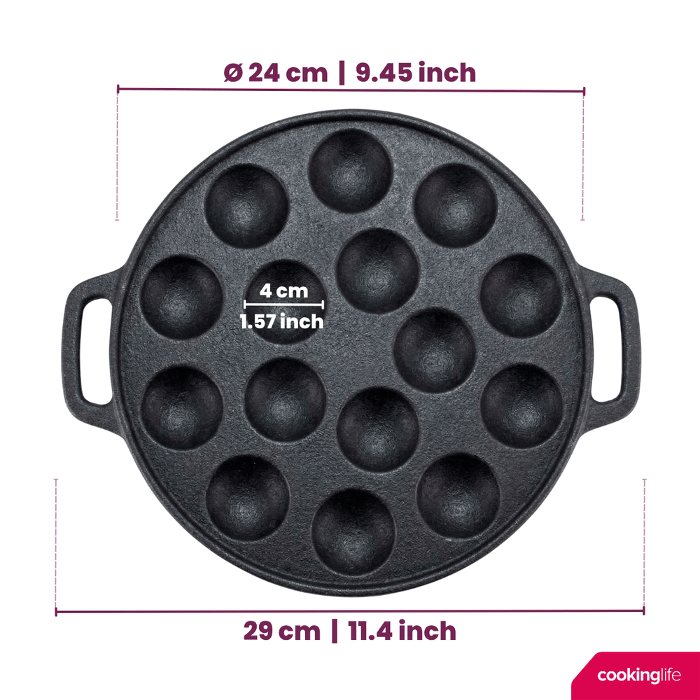 Cookinglife Poffertjespan - Gietijzer - ø 24 cm - 15 poffertjes - uden non-stick belægning - egnet til alle varmekilder