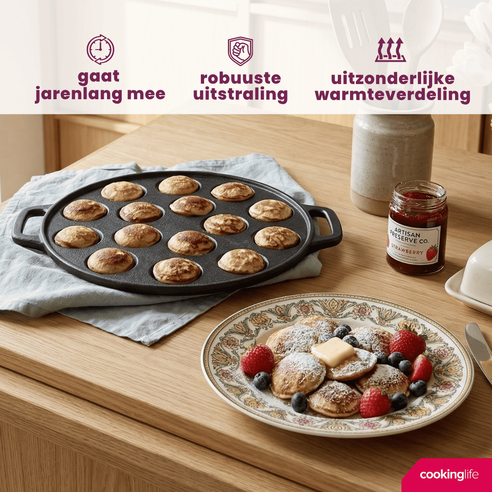 Cookinglife Poffertjespan - Gietijzer - ø 24 cm - 15 poffertjes - uden non-stick belægning - egnet til alle varmekilder