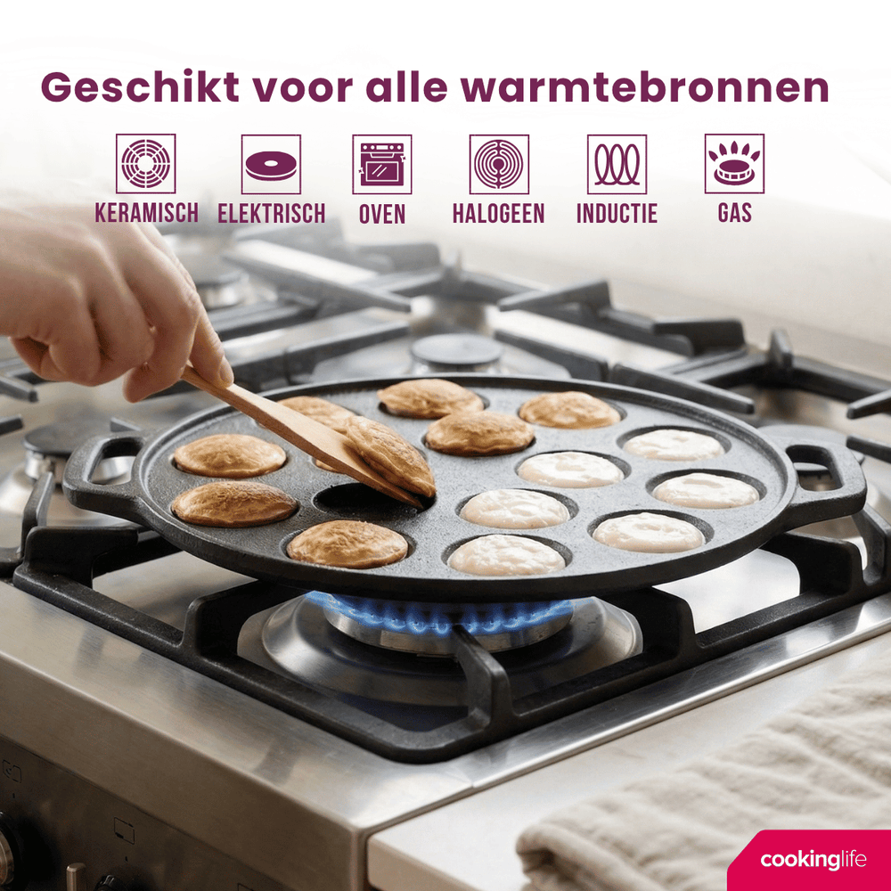 Cookinglife Poffertjespan - Gietijzer - ø 24 cm - 15 poffertjes - uden non-stick belægning - egnet til alle varmekilder