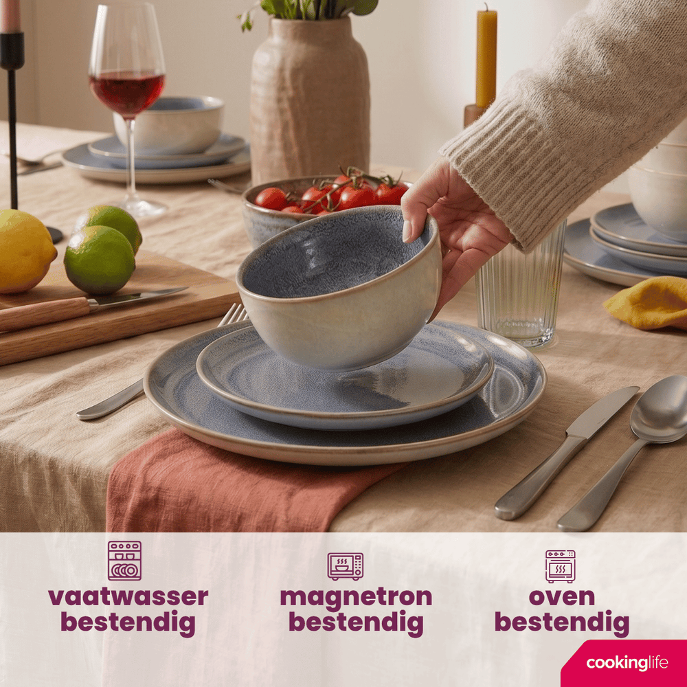 Cookinglife Serviesset Serene Blue 12-delig / 4 personer - 4 dinerborden, 4 ontbijtborden og 4 skåle