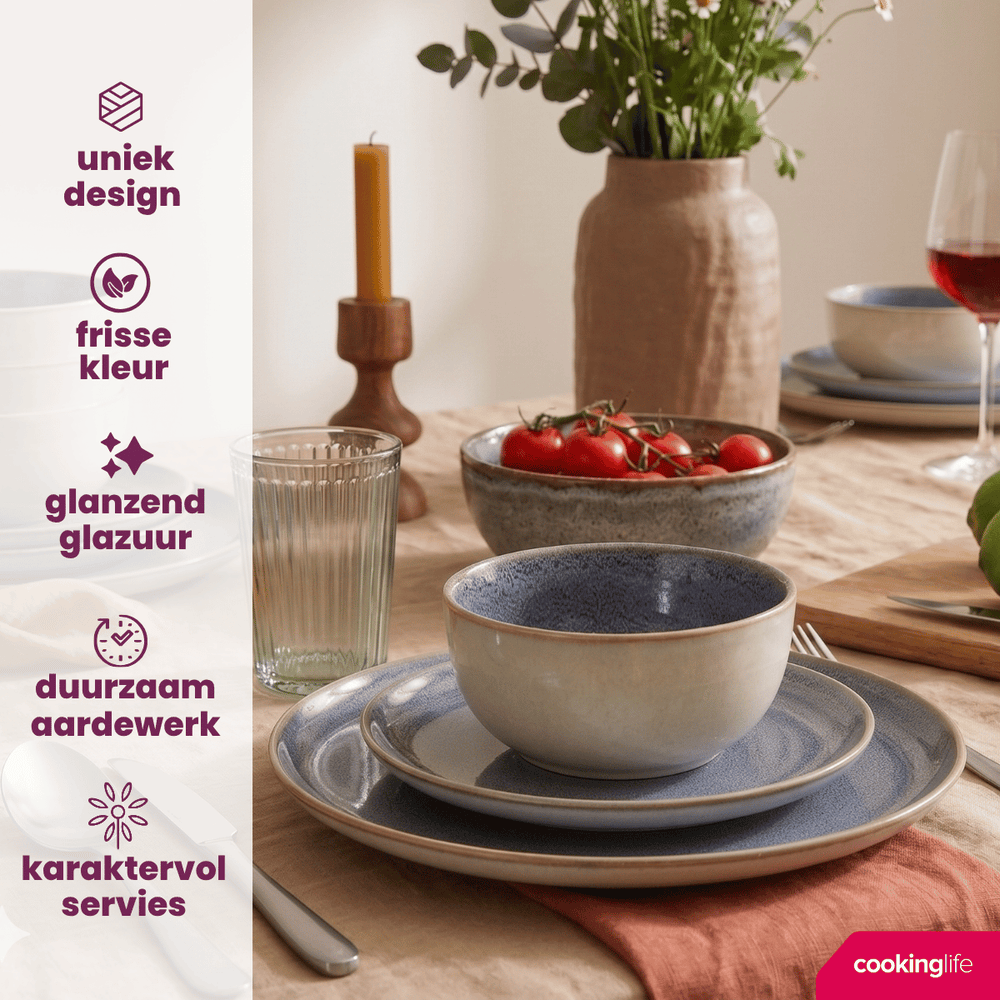 Cookinglife Serviesset Serene Blue 12-delig / 4 personer - 4 dinerborden, 4 ontbijtborden og 4 skåle