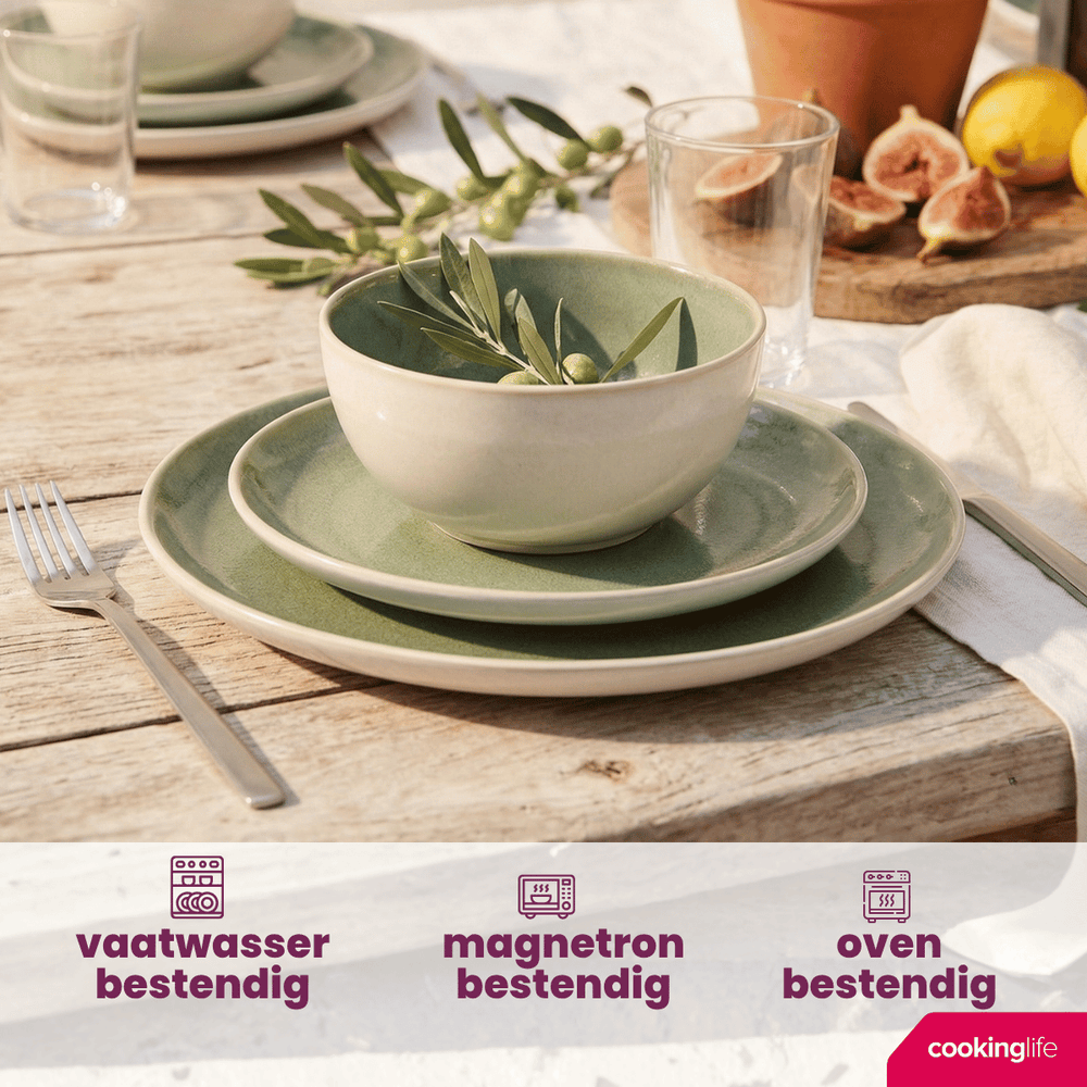 Cookinglife Serviesset Serene Green 12-delig / 4 personer - 4 middagstallerkener, 4 morgenmadstallerkener og 4 skåle